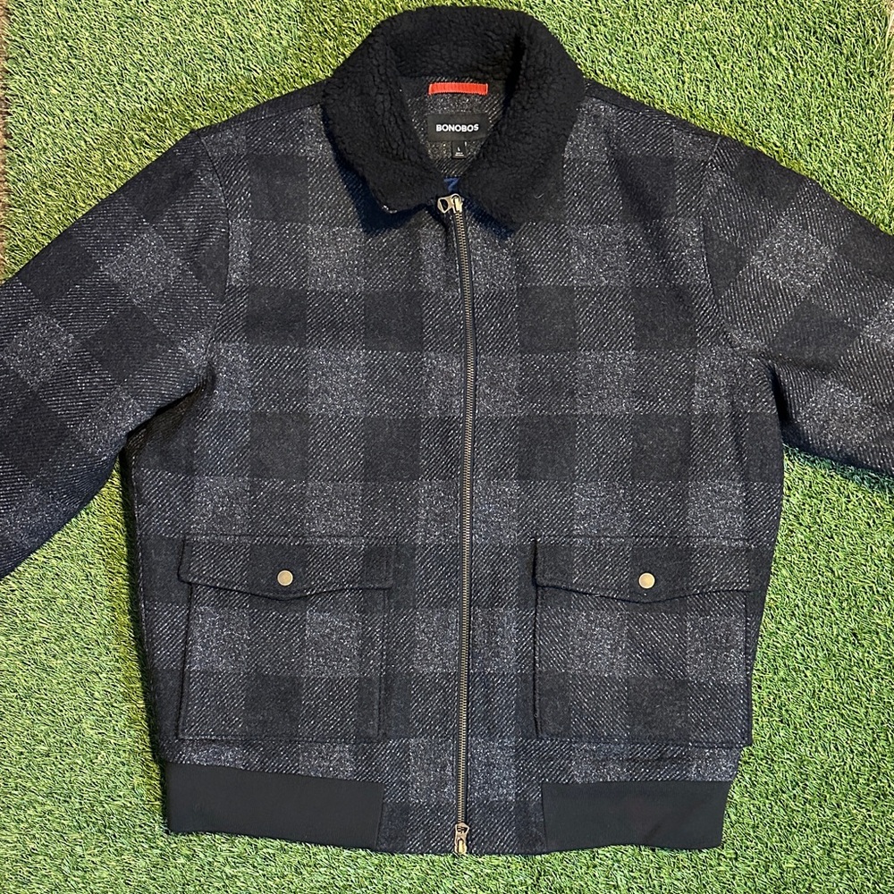 NWOT Bonobos Men's Wool Sherpa Plaid Dark Gray Black Checkered Bomber Jacket